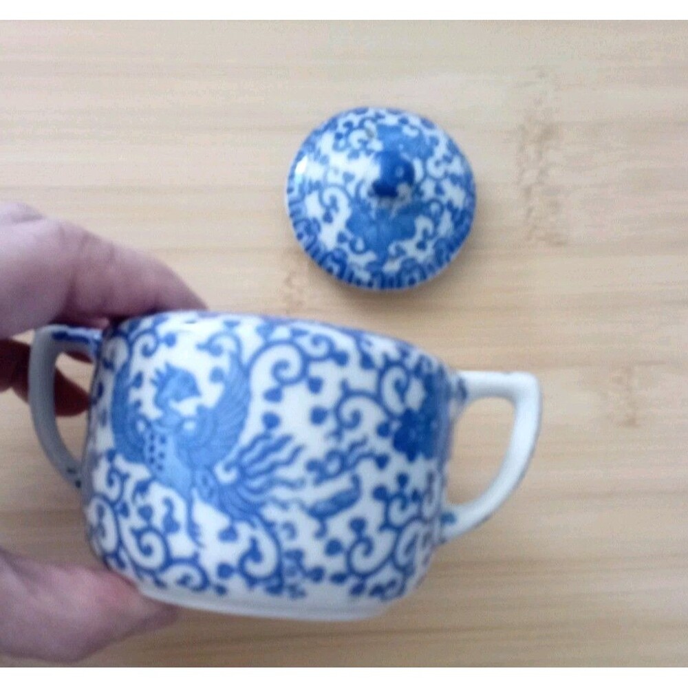 Vintage Flying Phoenix Sugar Bowl Japan Blue White
